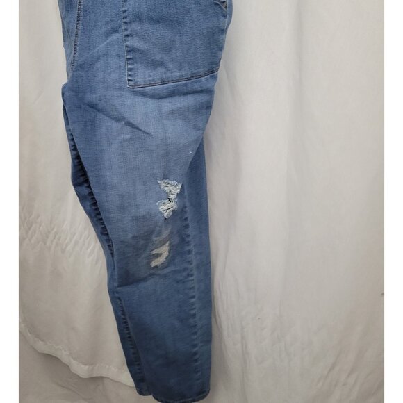 A Glow Maternity Straight Leg Bib Overalls Denim Jeans Blue Distressed Large Adj - Picture 7 of 14